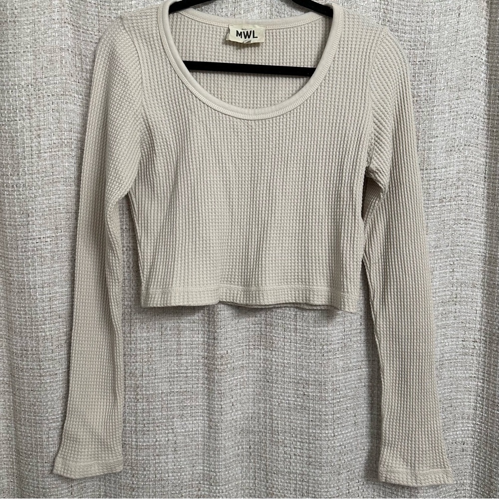 Madewell Waffle Knit Long Sleeve Crop Top Scoop Neck Beige Neutral Basic Medium - Picture 3 of 8